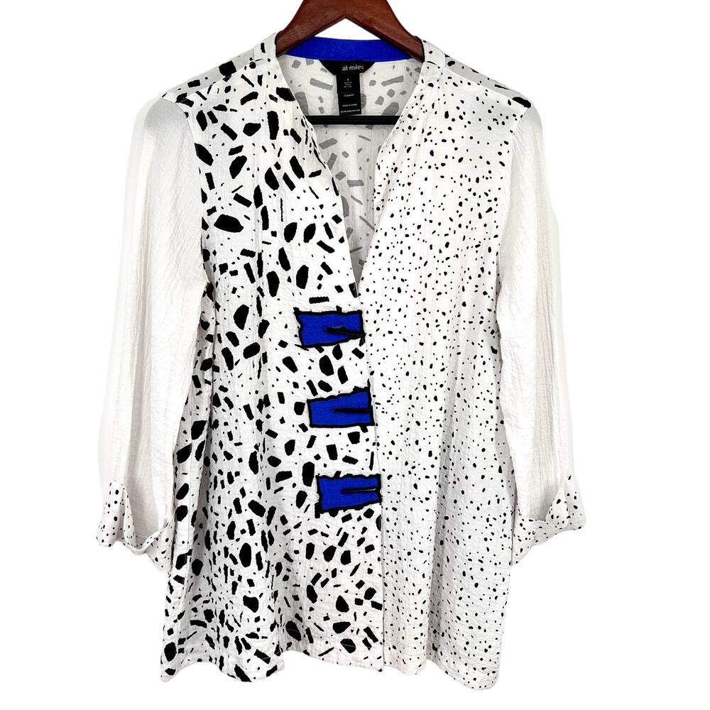 Ali Miles RARE Pattern Sz Small Blue Black White Wearable Art to Wear Shirt Top